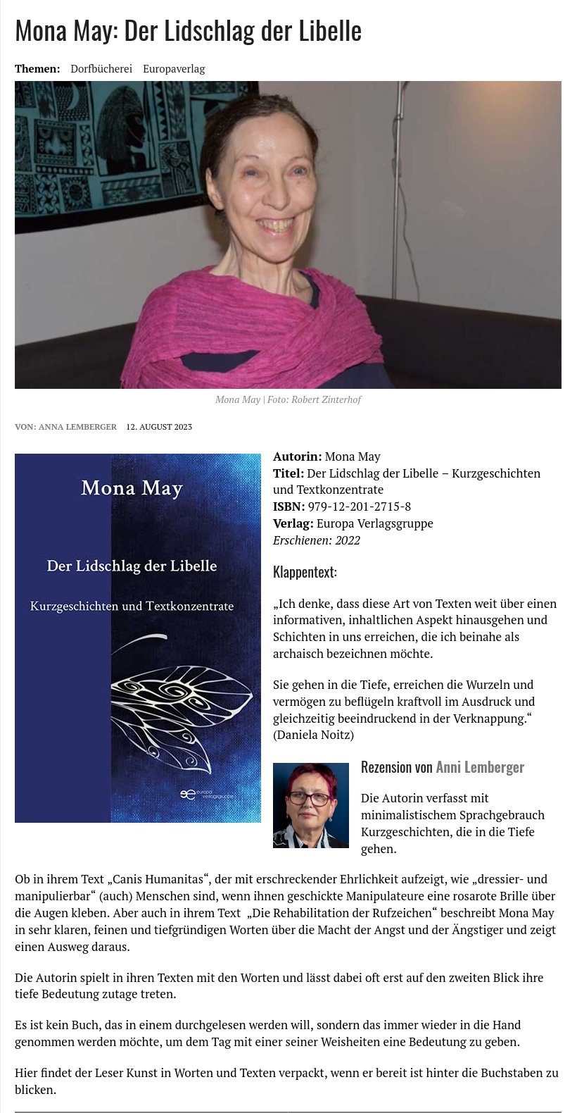 Bildschirmfoto von dorfzeitung.com Buchrezension "Der Lidschlag der Libelle von Mona May"